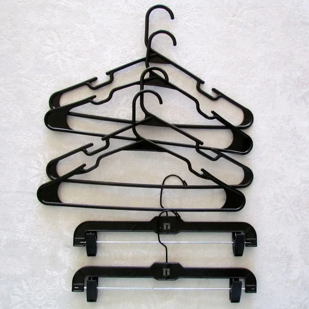 CLOTHES HANGERS, 20 TOTAL: SKIRT/PANTS, SPAGHETTI STRAP STYLE & COLORFUL PLASTIC